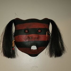 VINTAGE SCUPTURED Red and Black Striped FACE Mask with Hair FOR WALL 12X13"